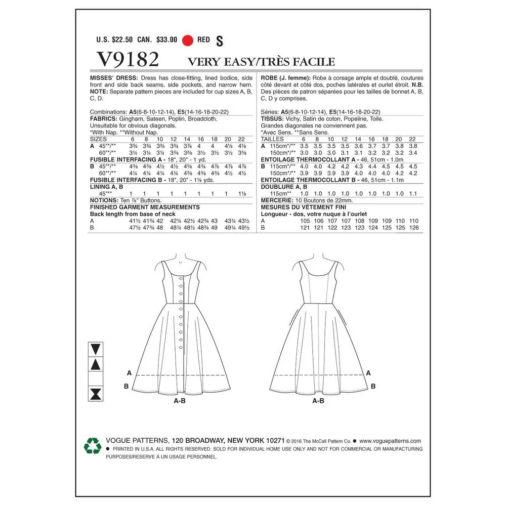 Vogue Sewing Pattern V9182 Misses‎ Dress Size 14-22 Custom Fit Fit Flare